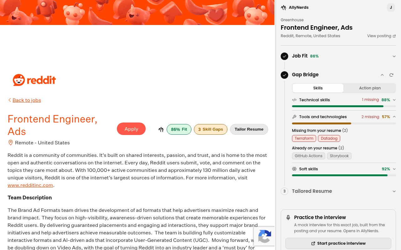 The AllyNerds side panel's Gap Bridge step: technical skills, tools and technologies, and soft skills scored, with Terraform and Datadog listed as missing from the resume.