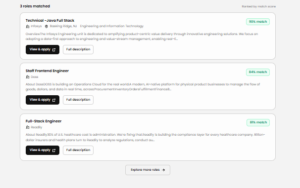 AllyNerds job recommendations: three matched roles ranked by match score, each card showing the company, location, a job description excerpt, and View & apply and Full description buttons.