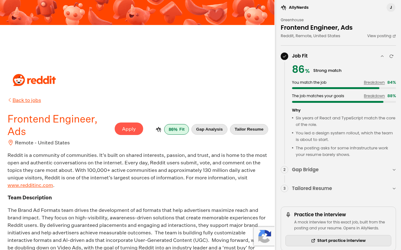 A job posting with the AllyNerds buttons next to Apply, and the AllyNerds side panel showing an 86 percent fit, a strong match verdict, and the reasons behind it.