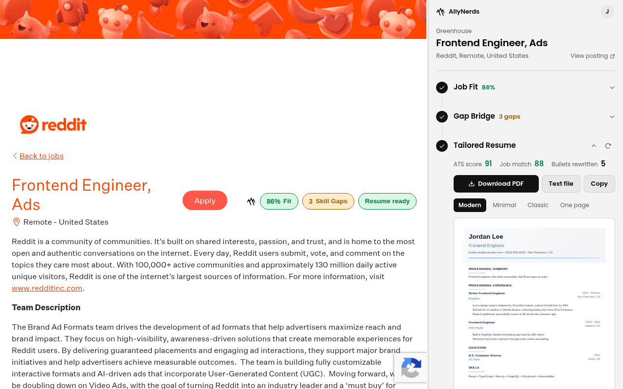 The AllyNerds side panel's Tailored Resume step: an ATS score of 91, a job match of 88, five rewritten bullets, a Download PDF button and a resume preview.
