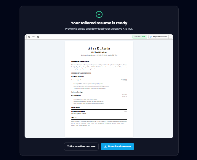 ResumeIQ result screen: a preview of the tailored resume in the Executive ATS template, a 90 percent job fit badge, and Export Resume and Download resume buttons.