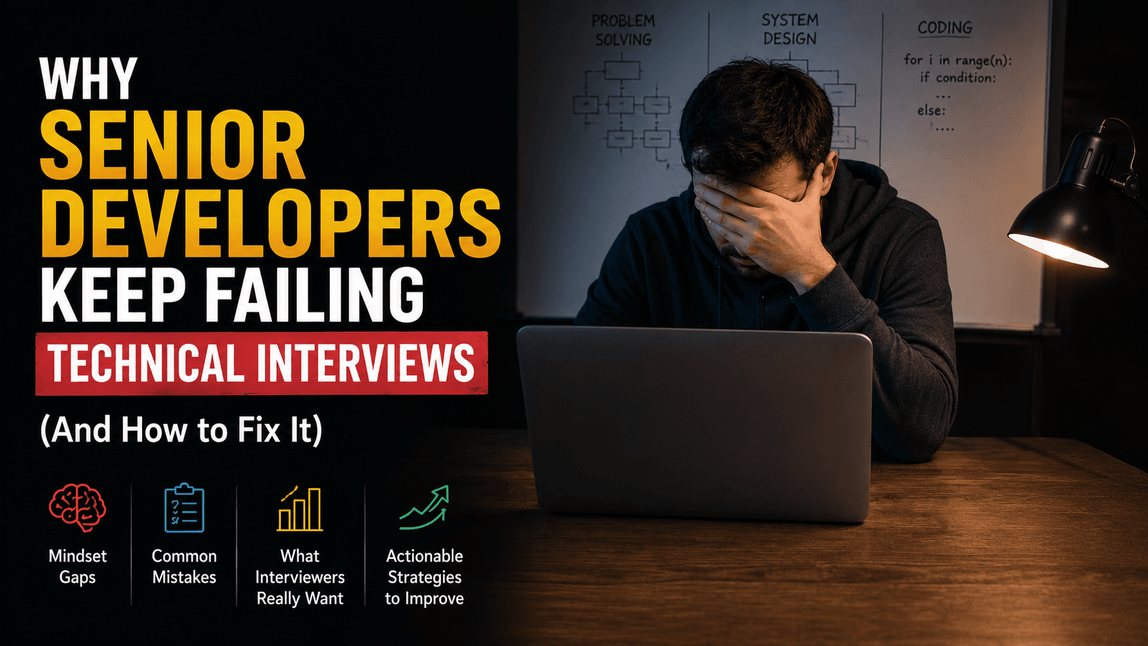 Illustration accompanying this guide to Why Senior Developers Keep Failing Technical Interviews (And How to Fix It)