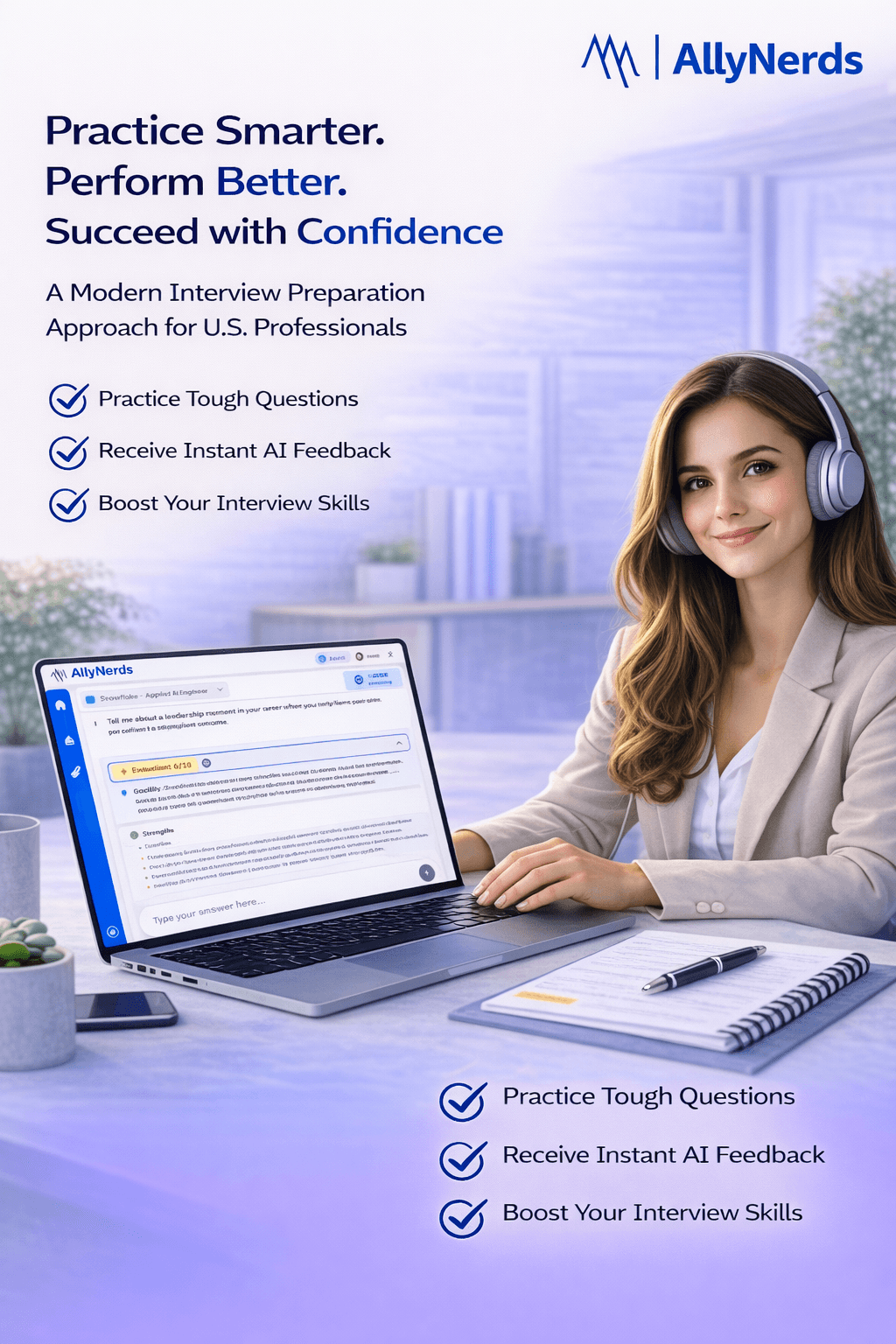 Illustration accompanying this guide to Practice Smarter. Perform Better. Succeed with Confidence: A Modern Interview Preparation Approach for U.S. Professionals