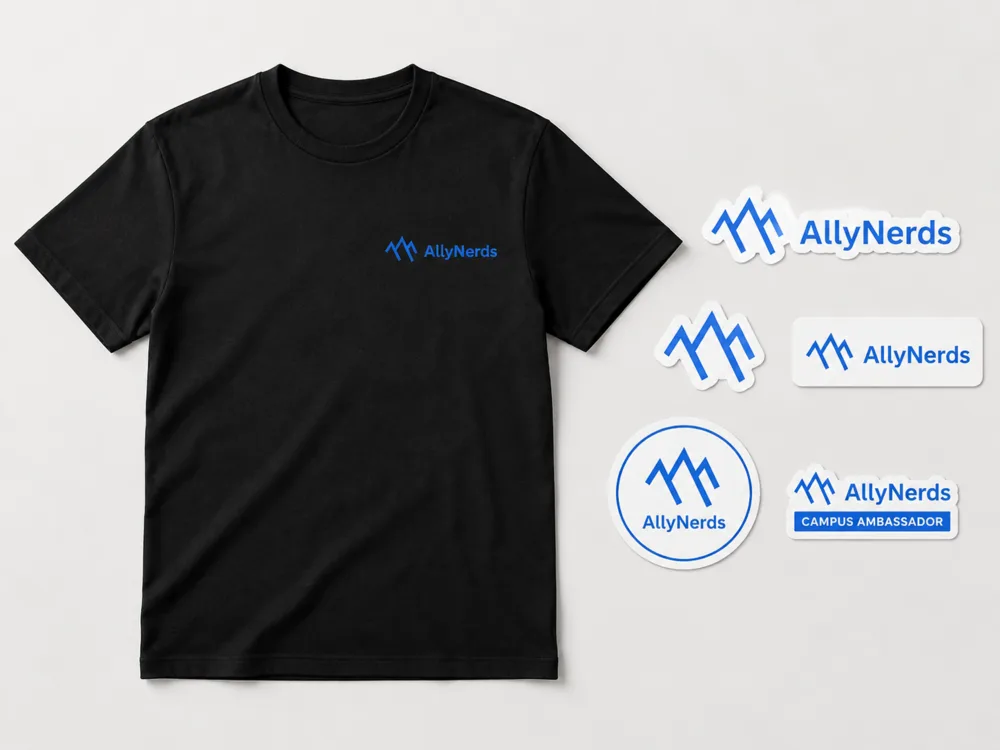 The AllyNerds Ambassador Kit: a black AllyNerds T-shirt with five stickers, including a Campus Ambassador sticker.
