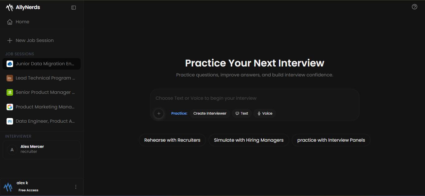 AllyNerds Practice mock interview session showing an interview question, the candidate answer, and scored feedback