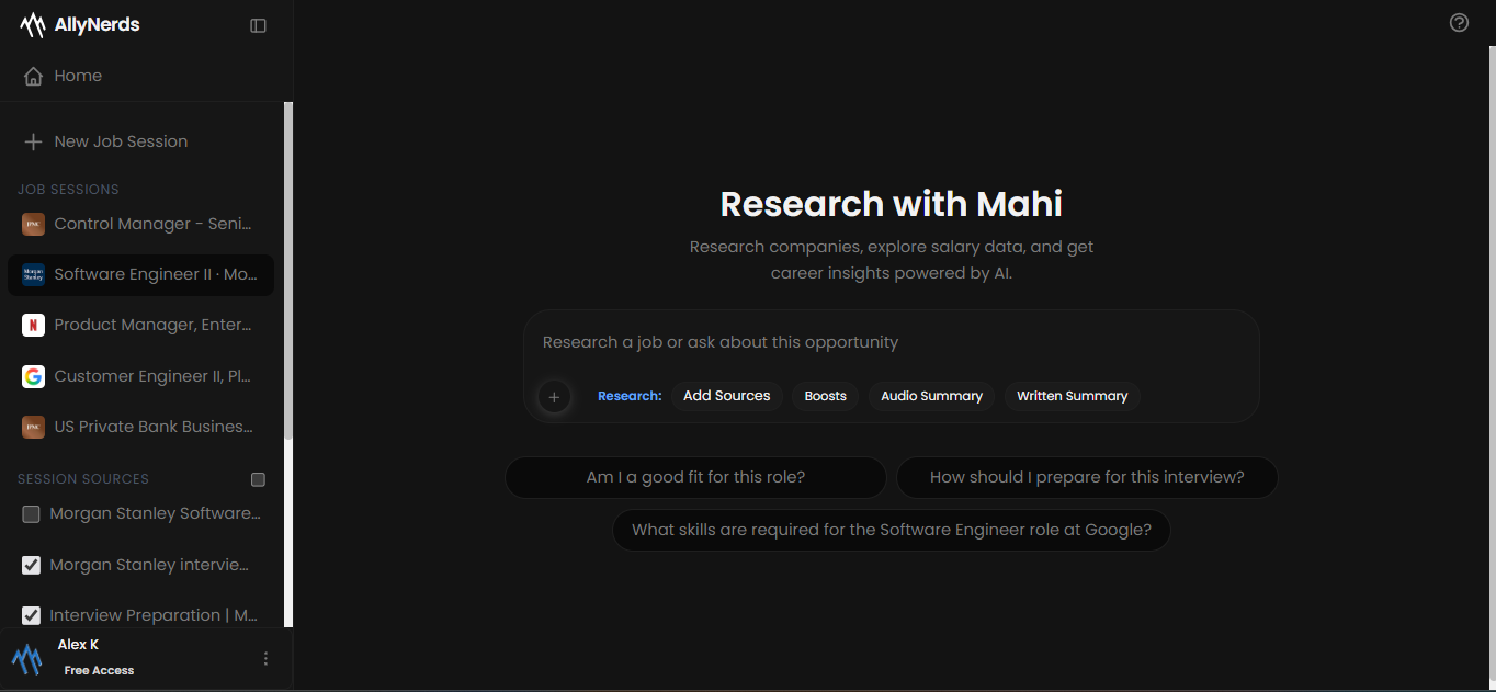 AllyNerds Research workspace showing company overview, role expectations, skills to prepare, and interview process for a target job